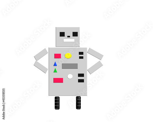 Cheerful robot vector with hands on hips and on wheels
