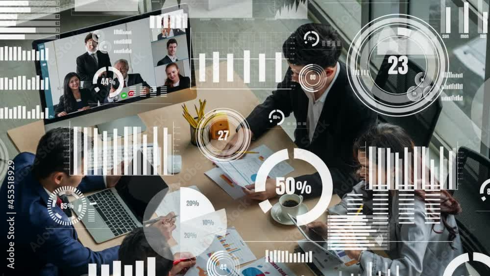 Creative visual of business people in a corporate staff meeting on video call . Concept of digital technology for marketing data analysis and investment decision making .