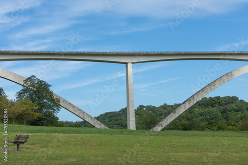 Bridge over the river with bench seat in foreground
