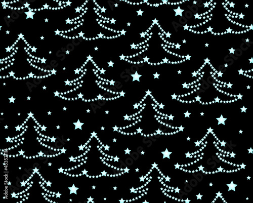 Happy New Year vector seamless pattern with Christmas trees and stars. Endless decorative texture