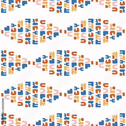 Abstract playful color style cut out shape pattern. Seamless modern simple lino cut style design for retro kids all over print. Trendy geometric home decor, kid fashion, wallpaper in vector repeat. 