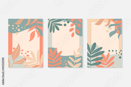 Abstract leaves art. A set of postcards in pastel colors. Autumn leaves and decor elements. Vector illustration