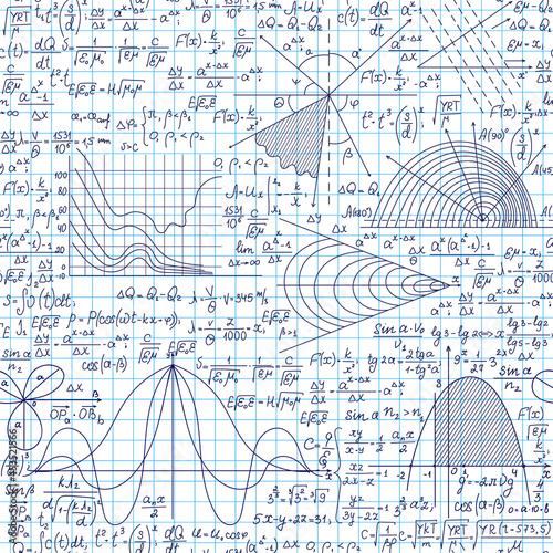 Math vector seamless pattern with handwritten mathematical and physical formulas on the copybook grid paper