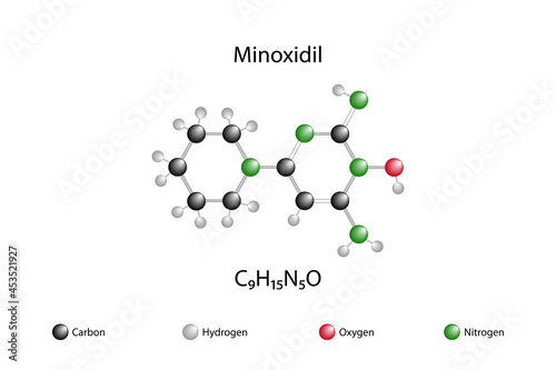 Molecular formula of minoxidil. Minoxidil is a vasodilator drug. It is an active ingredient known to provide hair growth and prevent baldness.