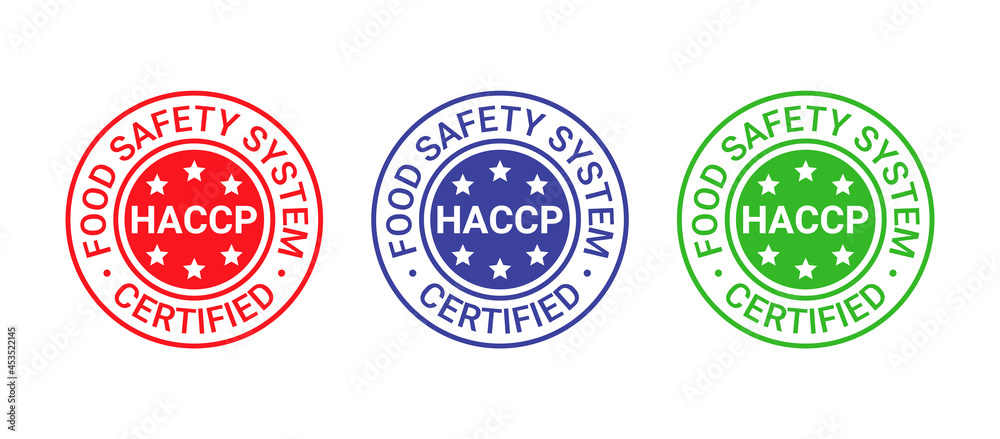 HACCP certified stamp. Food safety system round emblem. Hazard analysis and Critical Control Points seal imprint. Quality warranty icon isolated on white background. Vector illustration.
