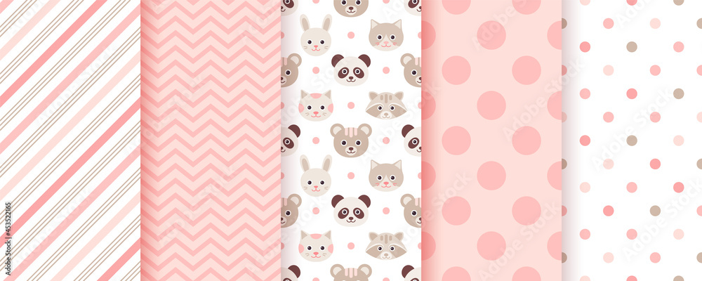 Baby girl pattern. Seamless backgrounds. Pink kids textures with animals, polka dot, zig zag and candy cane stripe. Set of cute textile prints. Pastel childish scrapbook backdrops. Vector illustration Baby girl pattern. Seamless backgrounds. Pink kids textures with animals, polka dot, zig zag and candy cane stripe. Set of cute textile prints. Pastel childish scrapbook backdrops. Vector illustration