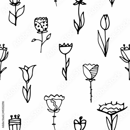 Doodle flowers, hand drawing. Seamless pattern. Vector illustration.