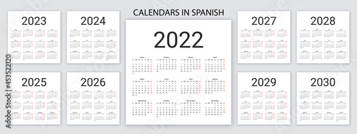 Spanish Calendar 2022, 2023, 2024, 2025, 2026, 2027, 2028, 2029, 2030 years. Vector. Week starts Monday. Spain calender template. Desk organizer. Yearly grid on white. Simple illustration.