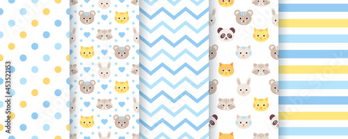 Baby pattern. Baby boy seamless backgrounds. Kids textures with animals, polka dot, zig zag and stripes. Set of cute textile prints. Blue pastel childish scrapbook backdrops. Vector illustration.