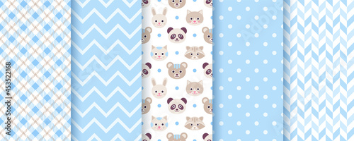 Baby boy pattern. Seamless backgrounds. Blue kids textures with animals, polka dot, zig zag and plaid. Set of cute textile prints. Pastel childish scrapbook backdrops. Vector illustration.