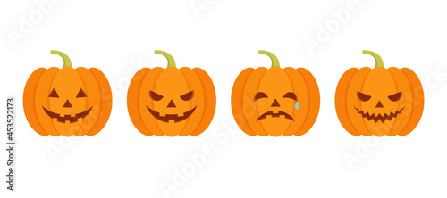 Halloween pumpkin icon. Vector. Halloween scary pumkin with smile, happy and sad face. Autumn symbol. Orange squash silhouette isolated on white background. Flat design. Cartoon colorful illustration.