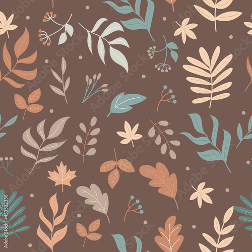 Autumn elements on brown color - seamless pattern. Endless pattern for packaging, design, cards, textiles