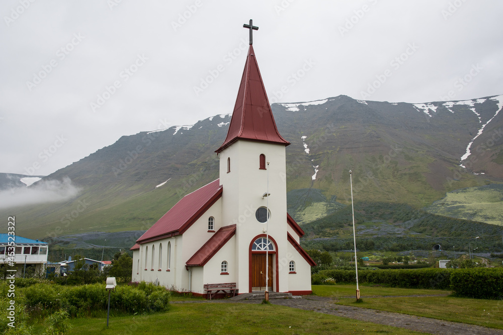 Church of town of Flateyri in Onundarfjordur in Iceland