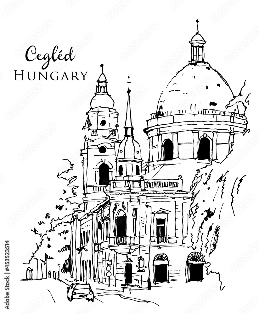 Drawing sketch illustration of Cegled, Hungary