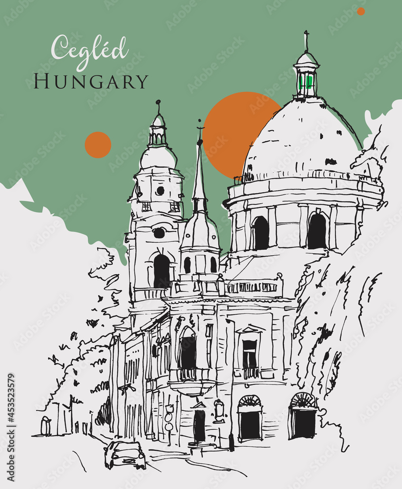 Drawing sketch illustration of Cegled, Hungary