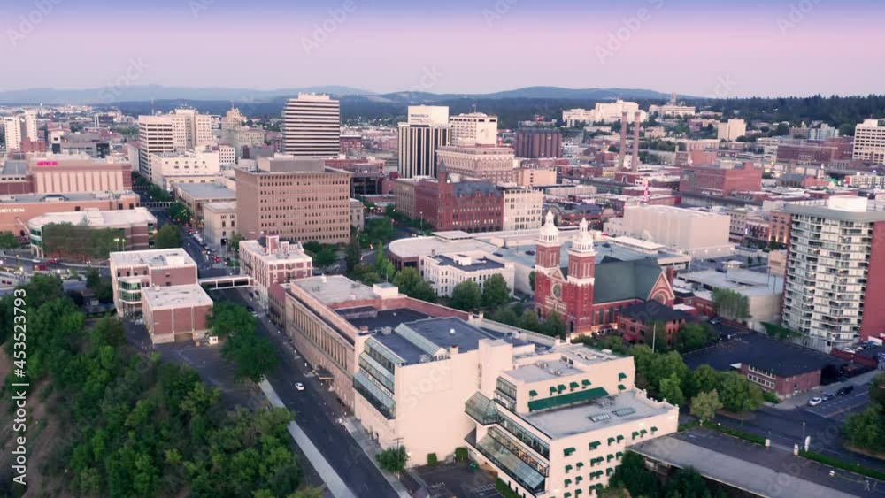 Aerial: Spokane city skyline at sunset, Spokane, Washington, USA Aerial: Spokane city skyline at sunset, Spokane, Washington, USA
