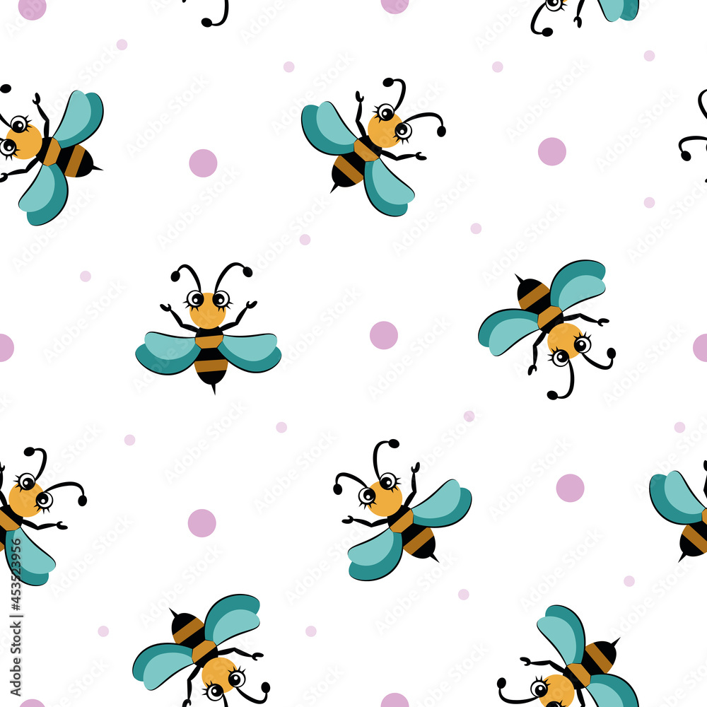 Colorful seamless pattern with abstract bee drawings