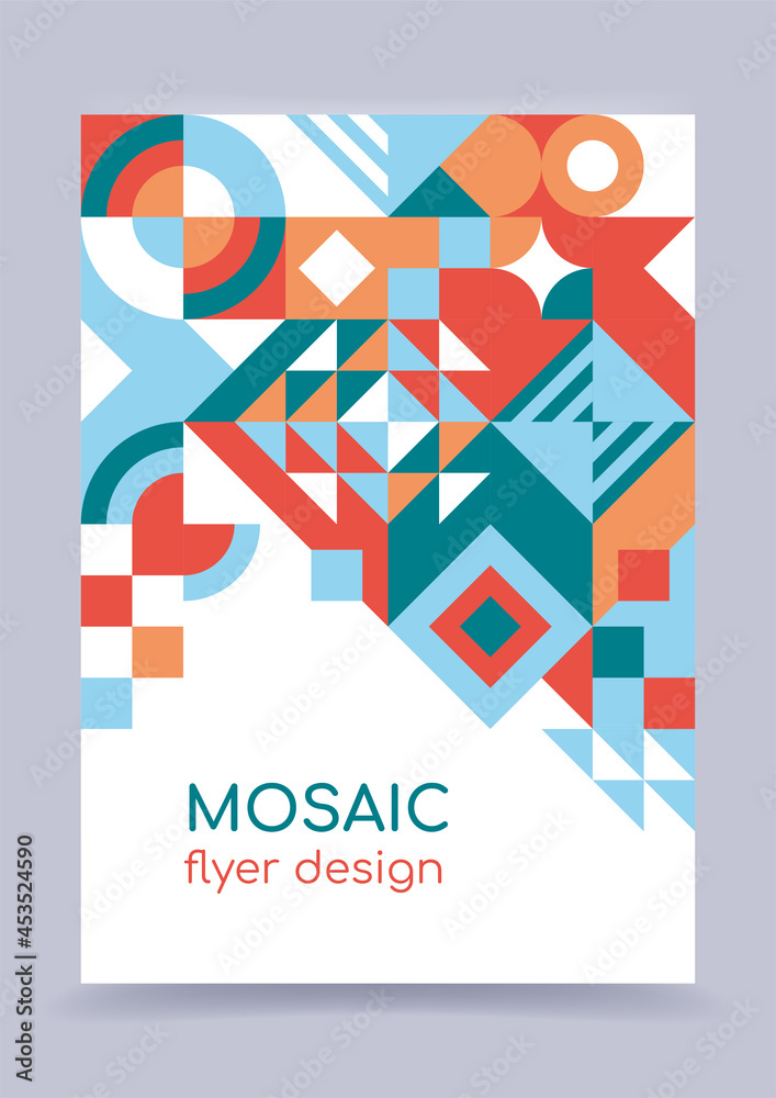 Geometric abstract background. Mosaic flyer template. Creative modern concept. Vector illustration, flat, simple shapes. Poster, banner, cover for brochure, booklet, catalog, report