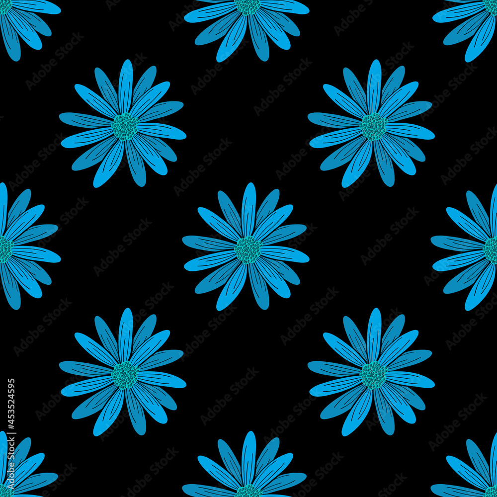 Blue floral design pattern on a black background.
