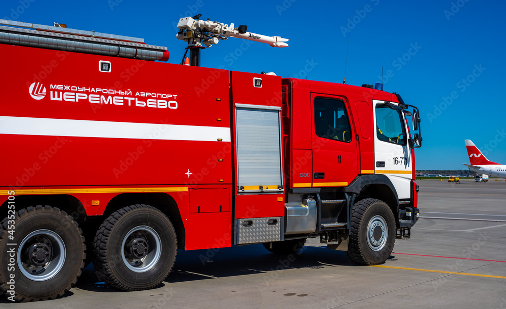 Moscow Fire Engine May 11, 2021 Moscow, Russia. A fire truck on the airfield of the ...