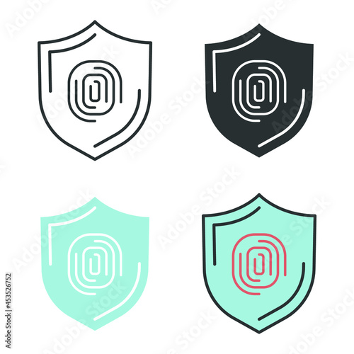 Human Finger print and shield for safe cyber security in biometric identification technology. Thumbprint. Fingerprint security icon, protection. Vector illustration. Design on white background. EPS10