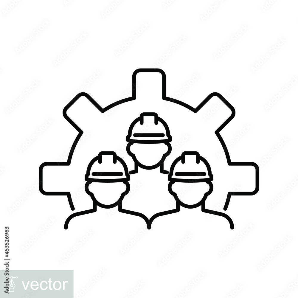 Civil engineer teamwork in industrial manufacturing projects. Architect, technician collaboration icon. team, gear, work, engineer, line, stroke. Vector illustration. Design on white background. EPS10 Civil engineer teamwork in industrial manufacturing projects. Architect, technician collaboration icon. team, gear, work, engineer, line, stroke. Vector illustration. Design on white background. EPS10