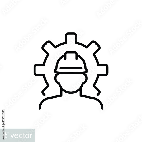 Male use Hard Hat, safety helmet with Gear Cog Wheel for Engineering equipment of Construction Worker, technician in industrial manufacturing. Vector illustration. Design on white background. EPS10
