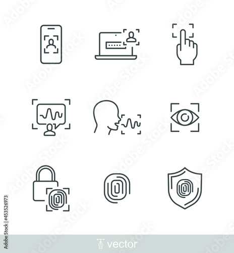 Cyber security fingerprinting, padlock fingerprint, voice, face recognition, retina check. Simple Set of Biometric Related Vector Line Icons. Vector illustration. Design on white background. EPS10