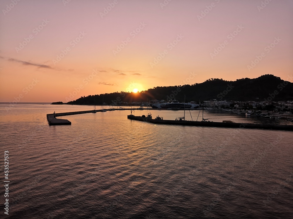 Greek island Thassos ferry harbor at sunrise