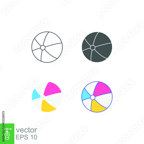 Colorful rubber beach ball for play kids in beach vacation, summer time icon. Plastic Toy ball bounce for sea side game with fun color. Vector illustration. Design on white background. EPS10