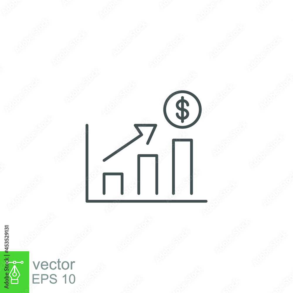 increase money growth icon. Progress Marketing. Profit earning analysis. Salary report. thin line simple pictogram, stroke style Vector illustration Design on white background EPS 10 increase money growth icon. Progress Marketing. Profit earning analysis. Salary report. thin line simple pictogram, stroke style Vector illustration Design on white background EPS 10