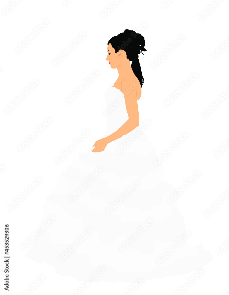 Bride in wedding dress vector illustration isolated on white background. Happy fiance waiting groom. Cinderella in ball dress. Young lady in beautiful clothes. Elegant handsome girl in white. Bride in wedding dress vector illustration isolated on white background. Happy fiance waiting groom. Cinderella in ball dress. Young lady in beautiful clothes. Elegant handsome girl in white.