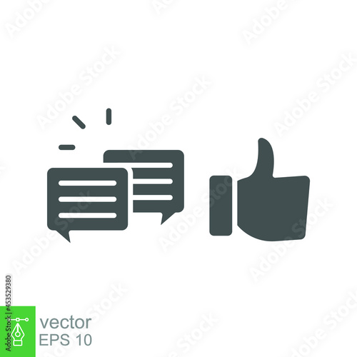 likes with comment icon solid symbol. Dialog chat and hand approve sign. social media communication with thumb gesture and box message. Vector illustration. Design on white background. EPS10