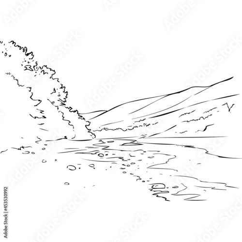 hills, pond, bushes vector illustration hand draw