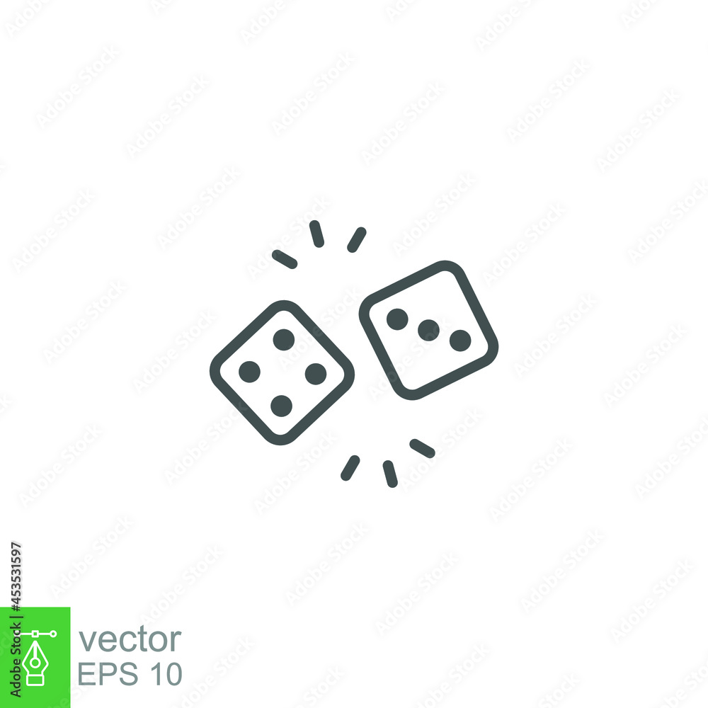 Dice cube line, gamble or gambling for casino equipment. two dices icon for fortune game player. Modern style in two dimension vector illustration. Design on white background. EPS 10 Dice cube line, gamble or gambling for casino equipment. two dices icon for fortune game player. Modern style in two dimension vector illustration. Design on white background. EPS 10