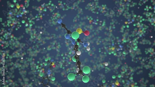 Fipronil molecule made with balls, conceptual molecular model. Chemical looping 3d animation photo