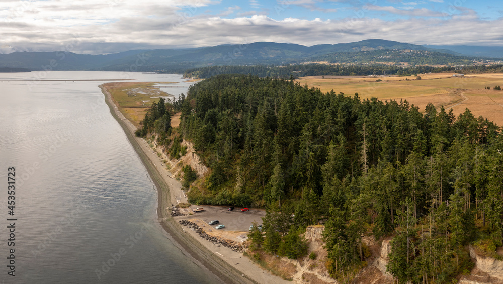 Aerial View of Marlyn Nelson County Park, Sequim, Washington. This 1-acre gem was deeded to the Clallam County Parks in 1976. Walk the beach or simply park at the water's edge.