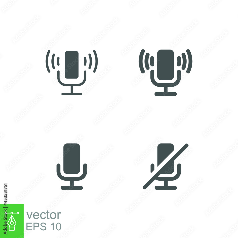 Microphone in solid trendy style. Record, recording Studio Symbol. Retro standing mic in mute and unmute, speaker close up for podcast equipment. Vector illustration Design on white background. EPS 10 Microphone in solid trendy style. Record, recording Studio Symbol. Retro standing mic in mute and unmute, speaker close up for podcast equipment. Vector illustration Design on white background. EPS 10