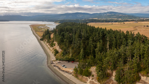 Aerial View of Marlyn Nelson County Park, Sequim, Washington. This 1-acre gem was deeded to the Clallam County Parks in 1976. Walk the beach or simply park at the water's edge. photo