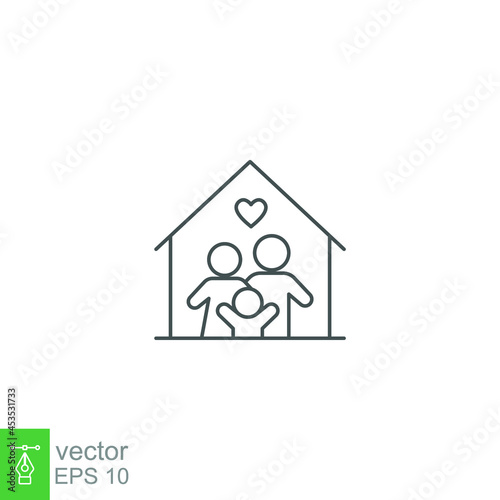 Happy little family for care and love inside the house of stay at home in quarantine symbol. People member include Mom, dad with one child Line Vector illustration Design on white background EPS10