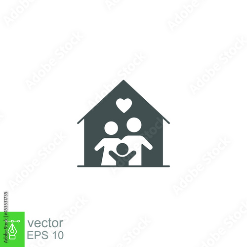Happy little family for care and love inside the house of stay at home in quarantine symbol. People member include Mom, dad with one child. Solid Vector illustration Design on white background. EPS10