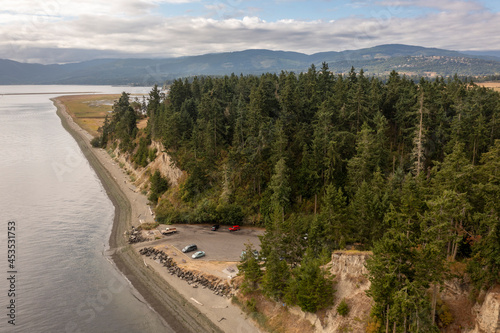 Aerial View of Marlyn Nelson County Park, Sequim, Washington. This 1-acre gem was deeded to the Clallam County Parks in 1976. Walk the beach or simply park at the water's edge. photo