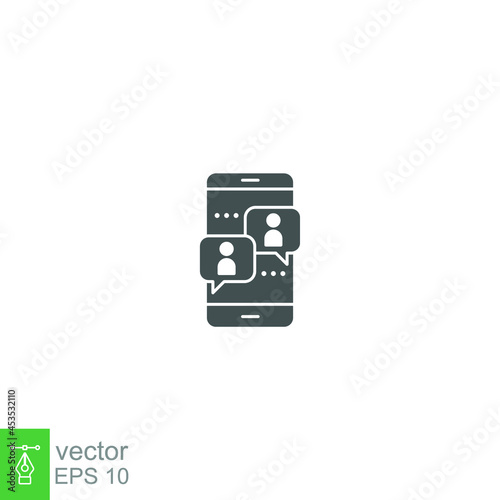 Webinar, online meeting icon in smartphone screen. Bubble chat of chatting for discussion on virtual classroom. Conference on mobile phone Solid vector illustration. Design on white background. EPS 10