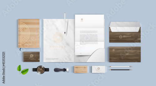 Premium Corporate Identity Template Set. Business stationery with logo template and wooden textures. Pack of envelope, card, folder and letter A4 form. Can be used for ecological or furniture company