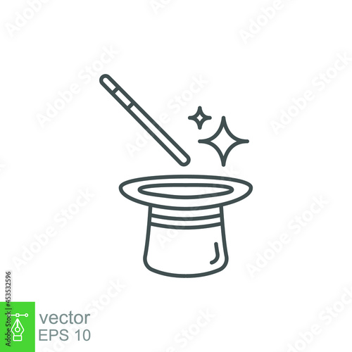 Line icon style, hat and magic stick wand. Magician or illusionist equipment for trick effect in fantasy entertainment performance. Outline Vector illustration. Design on white background. EPS 10