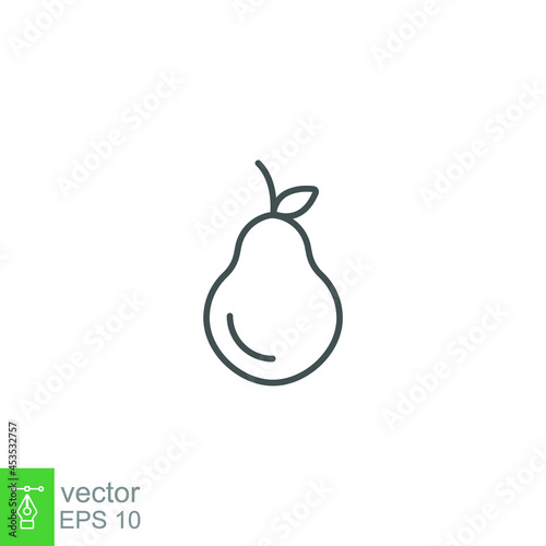 pear fruit icon. Single organic sweet ripe pear with leaf as nutrition and vitamin. Tropical plant summer. Vegetarian health food. line style Vector illustration. Design on white background. EPS 10