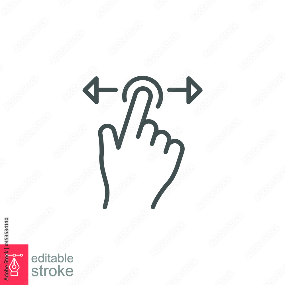 hand swipe icon. Horizontal scroll page symbol. Pointing finger hand cursor with right and left arrow. Pointer mouse Editable stroke vector illustration. Design illustration on white background EPS 10 hand swipe icon. Horizontal scroll page symbol. Pointing finger hand cursor with right and left arrow. Pointer mouse Editable stroke vector illustration. Design illustration on white background EPS 10