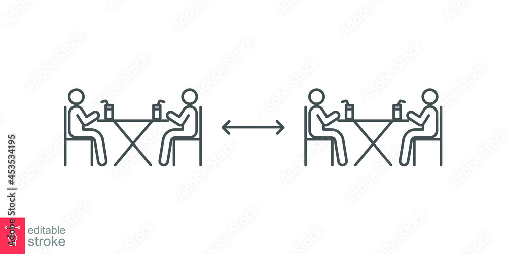 Two group people drinking coffee in cafe icon. New normal dine in concept with safe table. keep social distancing as prevention spread of Covid19. Outline, Editable stroke vector illustration. EPS 10 Two group people drinking coffee in cafe icon. New normal dine in concept with safe table. keep social distancing as prevention spread of Covid19. Outline, Editable stroke vector illustration. EPS 10