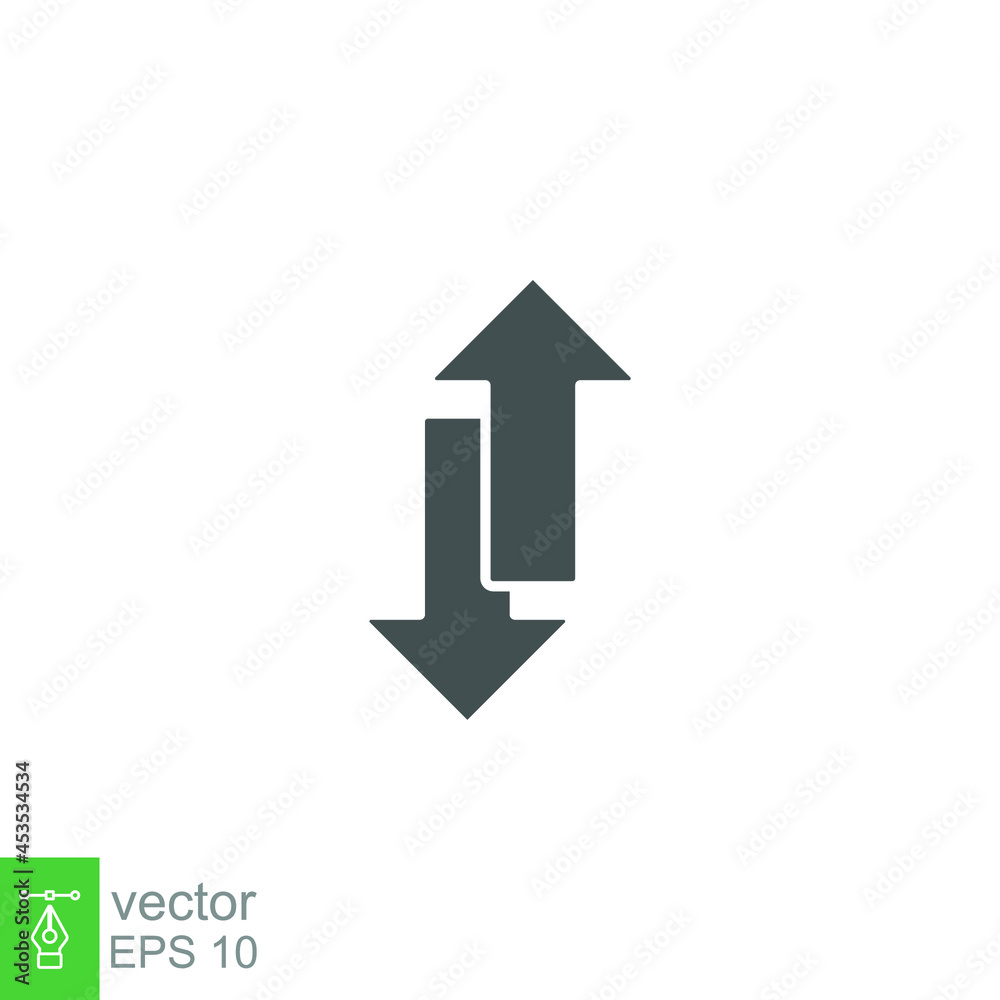 Up and down arrow icon. Two arrows with different direction can be used for input output process, forward sign, vertical swap. Glyph, solid vector illustration. design on white background. EPS 10 Up and down arrow icon. Two arrows with different direction can be used for input output process, forward sign, vertical swap. Glyph, solid vector illustration. design on white background. EPS 10