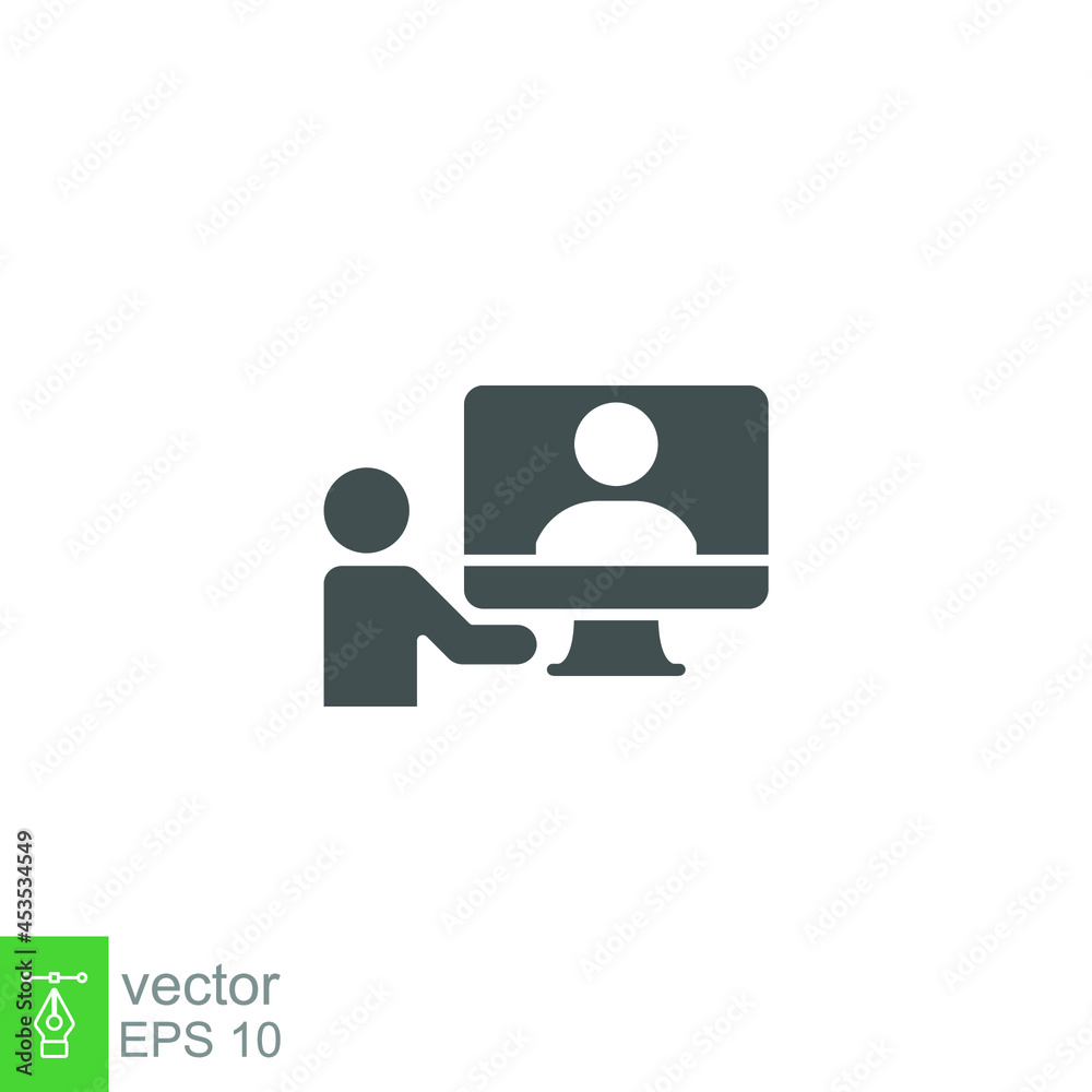 Video meeting icon. Virtual conference with People on computer screen. Remote working from home office. Digital communication. Solid style, Glyph Vector illustration. Design on white background EPS 10 Video meeting icon. Virtual conference with People on computer screen. Remote working from home office. Digital communication. Solid style, Glyph Vector illustration. Design on white background EPS 10